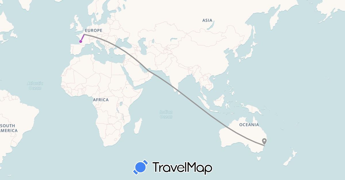 TravelMap itinerary: plane, train in United Arab Emirates, Australia, France (Asia, Europe, Oceania)